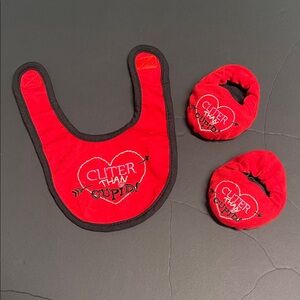 “CUTER THAN CUPID” RED & BLACK BIB & MATCHING RATTLE BOOTIES SIZE 0-12 MONTHS